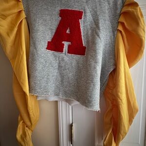 Gray and Yellow Women's Sweater with Red Lettering